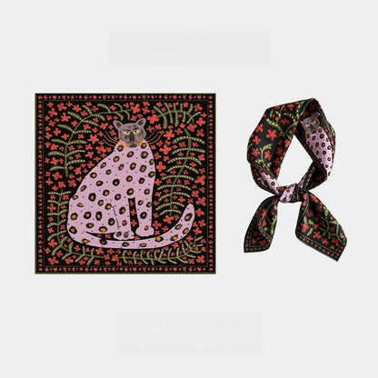 Crimson red and black mulberry silk square scarf with an illustrated leopard and floral border