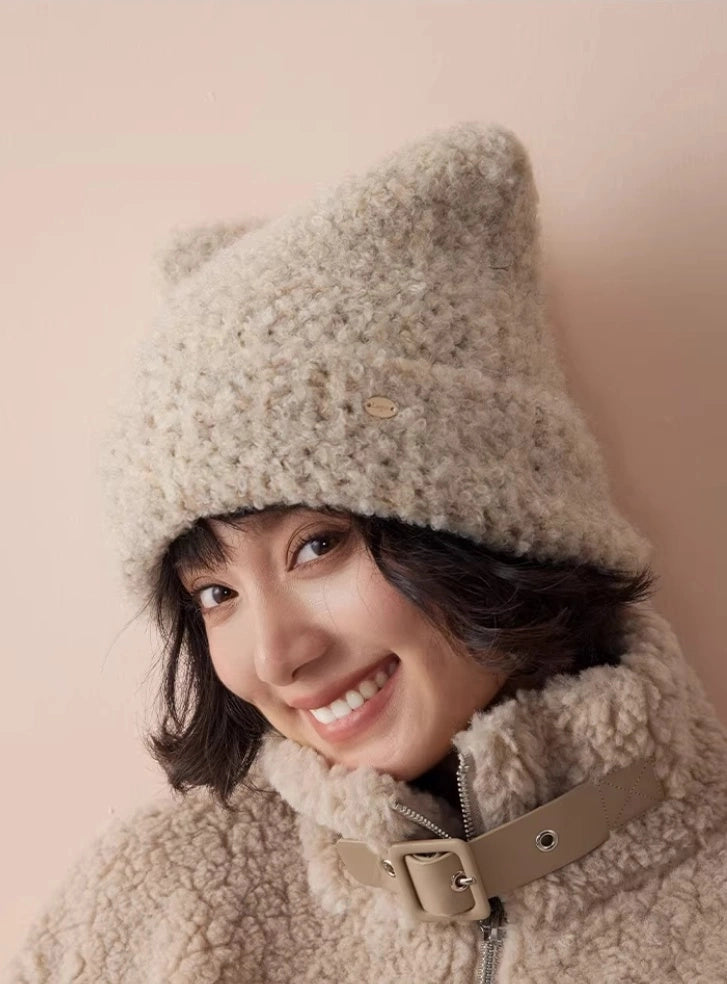 Cute Cat Ear Knit Plush Hat for Women | Multiple Colors