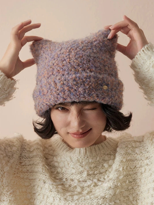 Cute Cat Ear Knit Plush Hat for Women | Multiple Colors