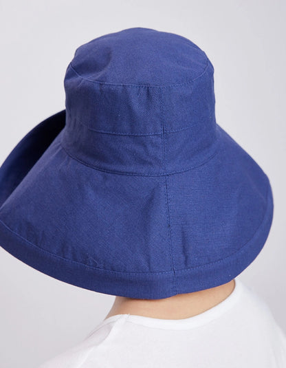 Back view of a deep blue wide brim bucket sun hat showing its full-coverage design