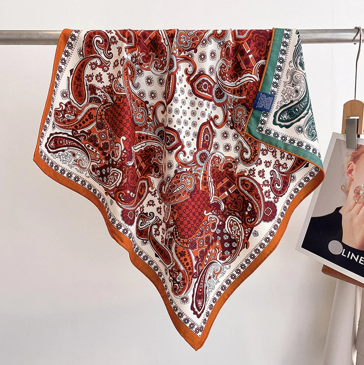 Vintage paisley silk wool square scarf 65x65cm fully spread showing double-sided contrast colors