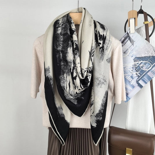 Eiffel Tower silk wool scarf looped at the neck with flowing black and ivory ends
