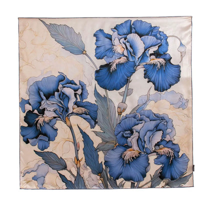 Elegant blue floral mulberry silk square scarf with romantic botanical print laid flat