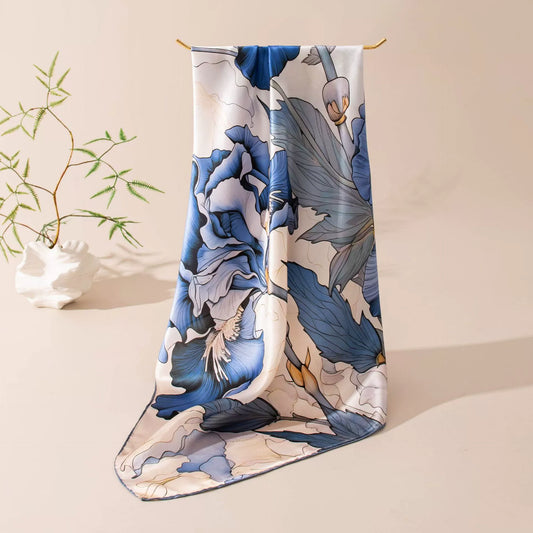 Blue floral silk square scarf in 100% mulberry silk with soft flowing drape