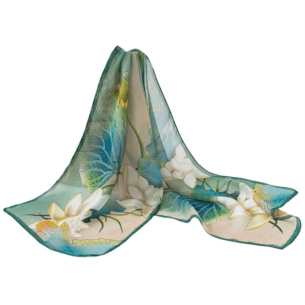 Light green lotus pattern long silk scarf in 100% mulberry silk on white background