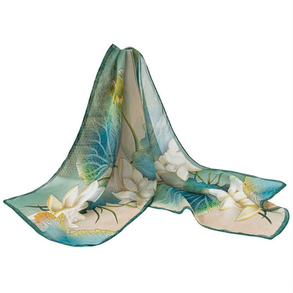 Light green lotus pattern long silk scarf in 100% mulberry silk on white background