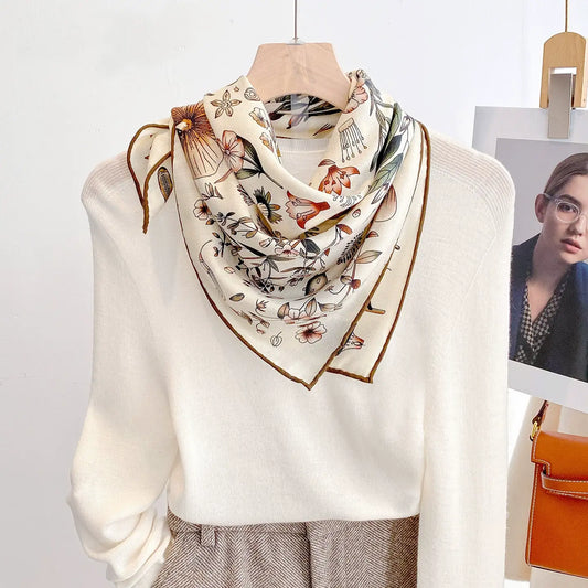 Vintage Floral Silk Wool Square Scarf – Elegant Double-Sided Neck Scarf