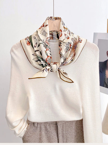 Vintage Floral Silk Wool Square Scarf – Elegant Double-Sided Neck Scarf
