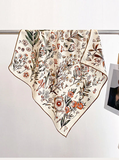 Vintage Floral Silk Wool Square Scarf – Elegant Double-Sided Neck Scarf