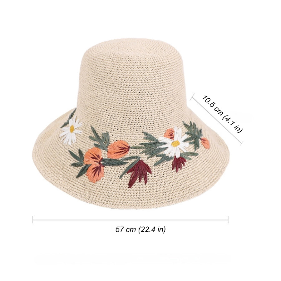 Ivory embroidered straw sun hat with floral detail and 57 cm head circumference measurement