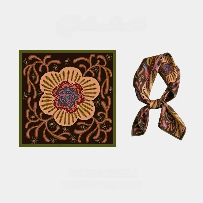 Espresso brown 63 cm mulberry silk square scarf with an oversized folk floral motif, shown flat and tied
