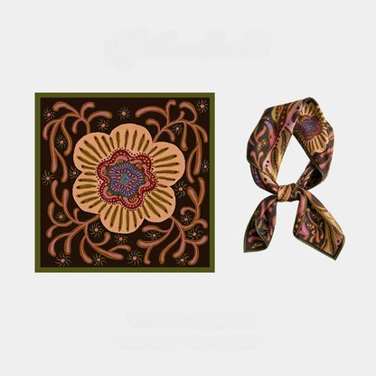 Espresso brown 63 cm mulberry silk square scarf with an oversized folk floral motif, shown flat and tied