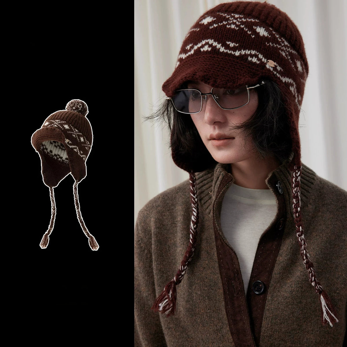 Coffee brown Fair Isle wool earflap beanie with visor and braided ties, shown on a model and as a product cutout.