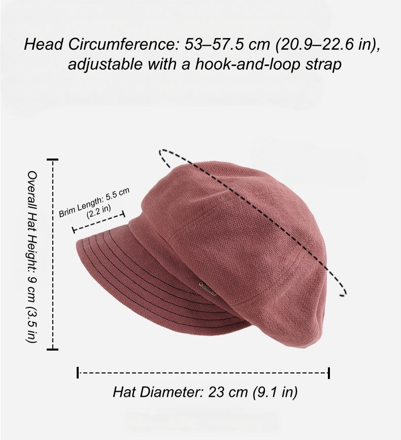 Newsboy cap size chart: head circumference 53–57.5 cm (20.9–22.6 in), hook-and-loop adjustment; height 9 cm (3.5 in), brim 5.5 cm (2.2 in), diameter 23 cm (9.1 in).