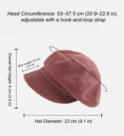 Newsboy cap size chart: head circumference 53–57.5 cm (20.9–22.6 in), hook-and-loop adjustment; height 9 cm (3.5 in), brim 5.5 cm (2.2 in), diameter 23 cm (9.1 in).