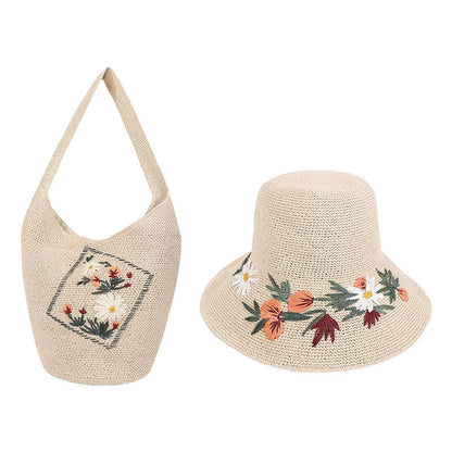 Floral embroidered straw hat and shoulder bag set in ivory paper straw for women’s summer vacation outfits