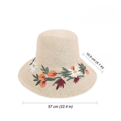 Floral embroidered straw sun hat in ivory paper straw with wide brim and 57 cm head circumference