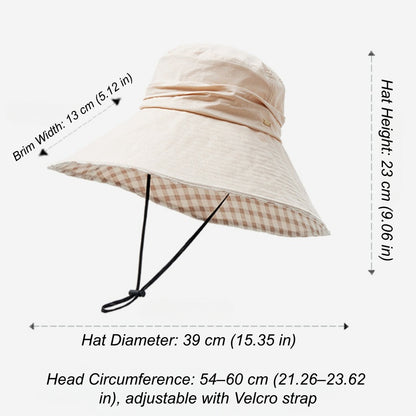 Khaki cotton wide brim sun hat with plaid lining, wind cord, 13 cm brim, 39 cm diameter, and Velcro adjustable fit