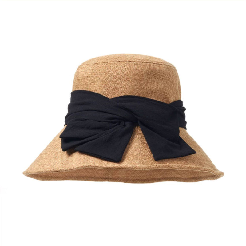Natural flax foldable sun hat with black bow ribbon, wide brim, and breathable woven crown for women.