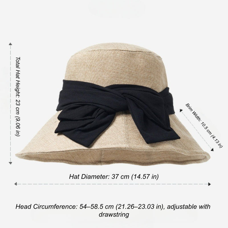 Foldable wide brim bow sun hat size guide with adjustable fit, breathable woven texture, and travel-friendly design.