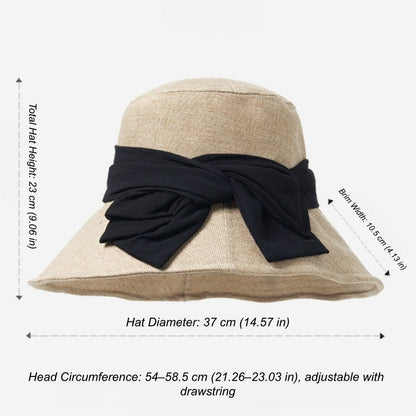 Foldable wide brim bow sun hat size guide with adjustable fit, breathable woven texture, and travel-friendly design.