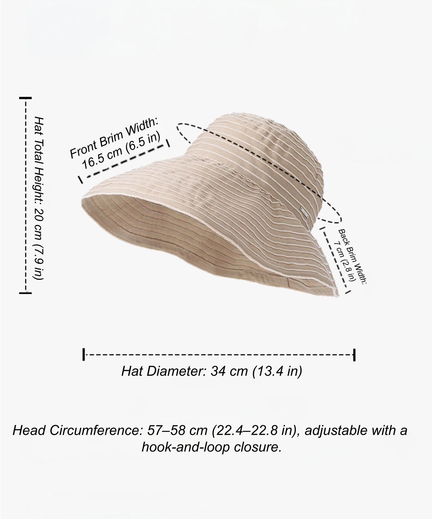 Size guide for foldable wide brim sun hat with 57–58 cm adjustable head circumference.
