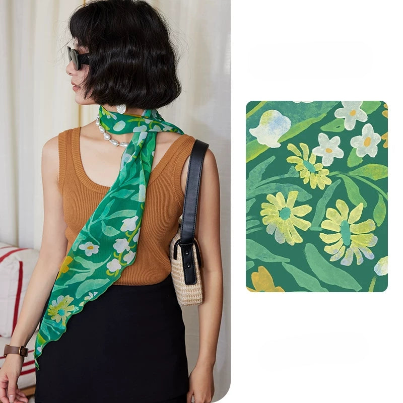 Forest green botanical print skinny silk scarf in 100% mulberry silk georgette with floral pattern