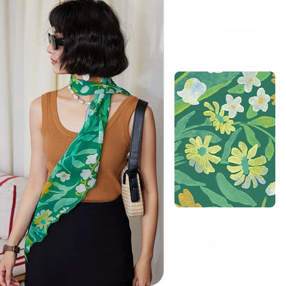 Forest green botanical print skinny silk scarf in 100% mulberry silk georgette with floral pattern