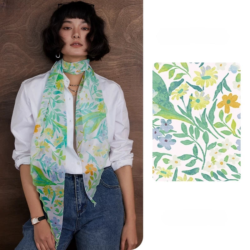 Fresh green botanical print skinny silk scarf in 100% mulberry silk georgette with floral pattern