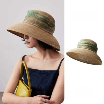 Herbal beige scarf ribbon wide brim sun hat for women with product cutout.