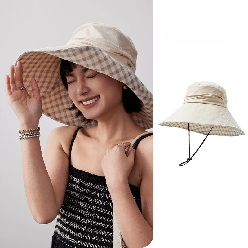 Woman wearing khaki cotton wide brim sun hat with plaid lining and matching product view