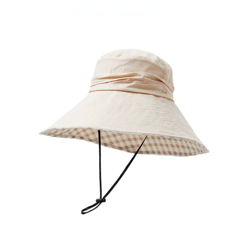 Khaki cotton wide brim sun hat with plaid lining, wind cord, and foldable packable design