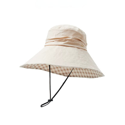 Khaki cotton wide brim sun hat with plaid lining, wind cord, and foldable packable design