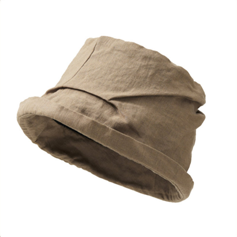 Khaki foldable linen bucket hat with hand-crinkled crown and soft rolled brim