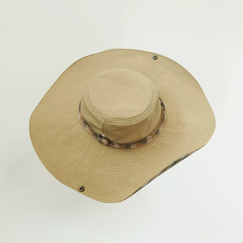 Khaki wide brim outdoor sun hat with adjustable string, shaping wire, and soft cotton linen texture.
