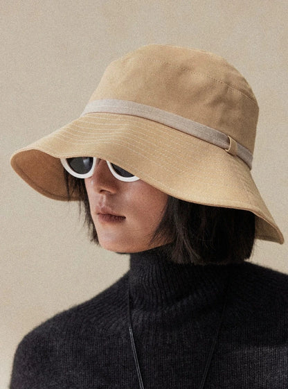 Adjustable light wheat bucket hat with wide brim for face sun protection and elegant daily wear