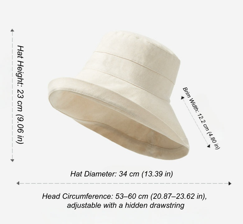 Linen blend wide brim sun hat size guide with 23 cm height, 12.2 cm brim, and adjustable 53–60 cm fit