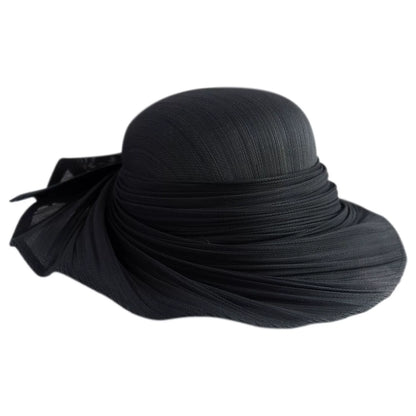 Black pleated Buntal straw wide brim hat with elegant ruffled brim.