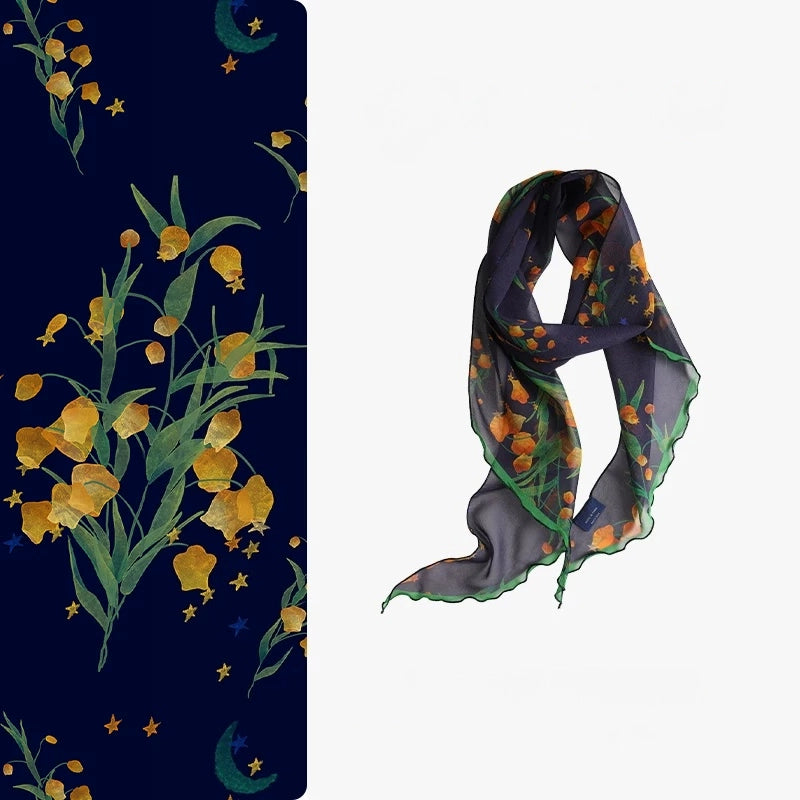 Midnight blue botanical mulberry silk georgette skinny scarf with floral print