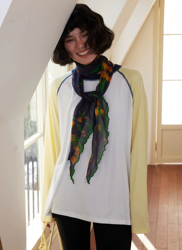 Lightweight midnight blue silk georgette scarf worn with relaxed travel style