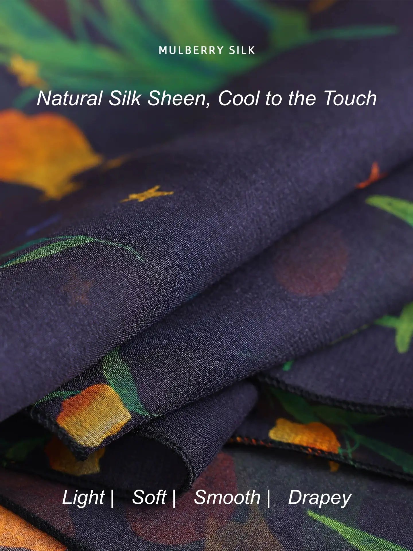 Close-up of midnight blue silk georgette scarf with botanical floral print