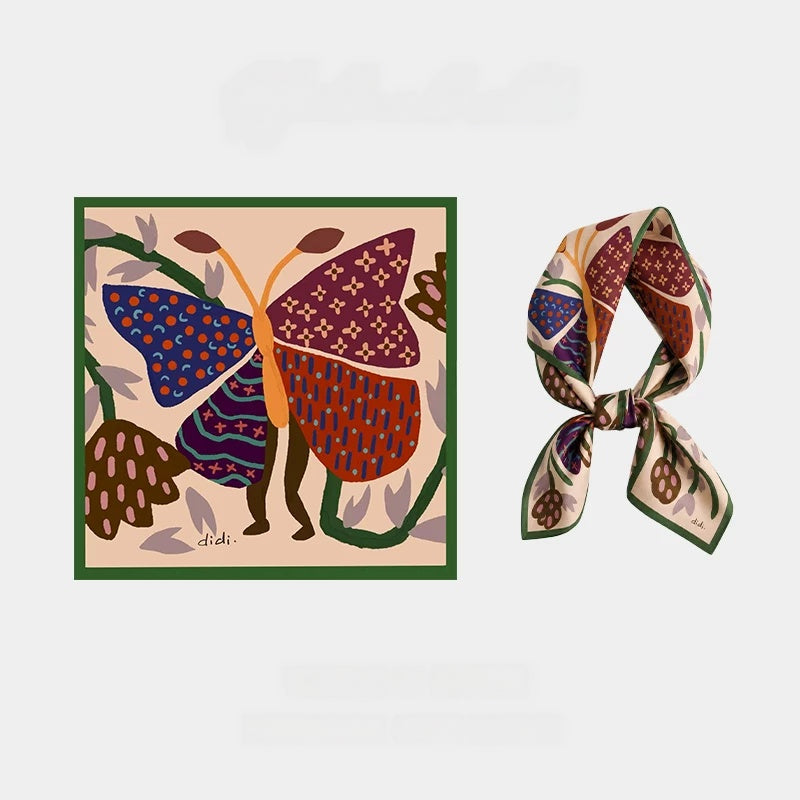 Modern graphic butterfly mulberry silk square scarf shown flat and tied against a white background