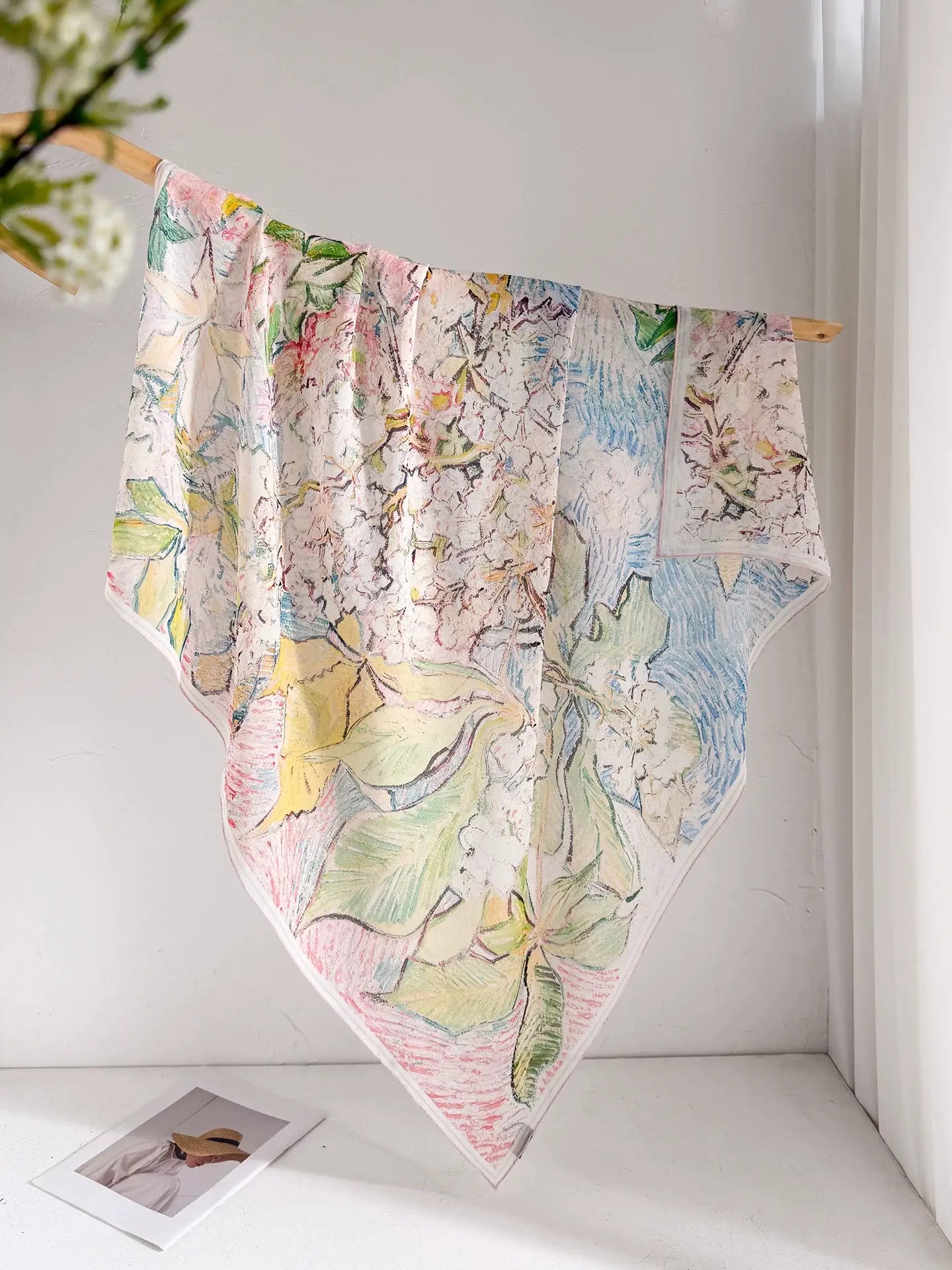 Large 105 cm floral silk square scarf displayed open with an airy georgette drape