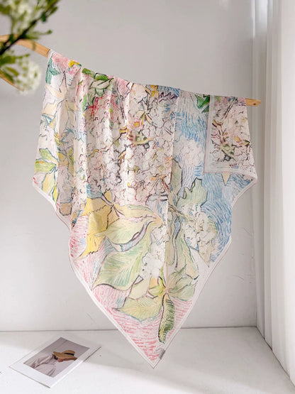 Large 105 cm floral silk square scarf displayed open with an airy georgette drape