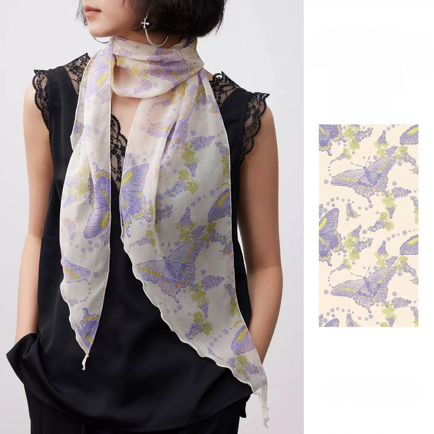 mulberry silk georgette long scarf purple floral butterfly neck styling elegant look