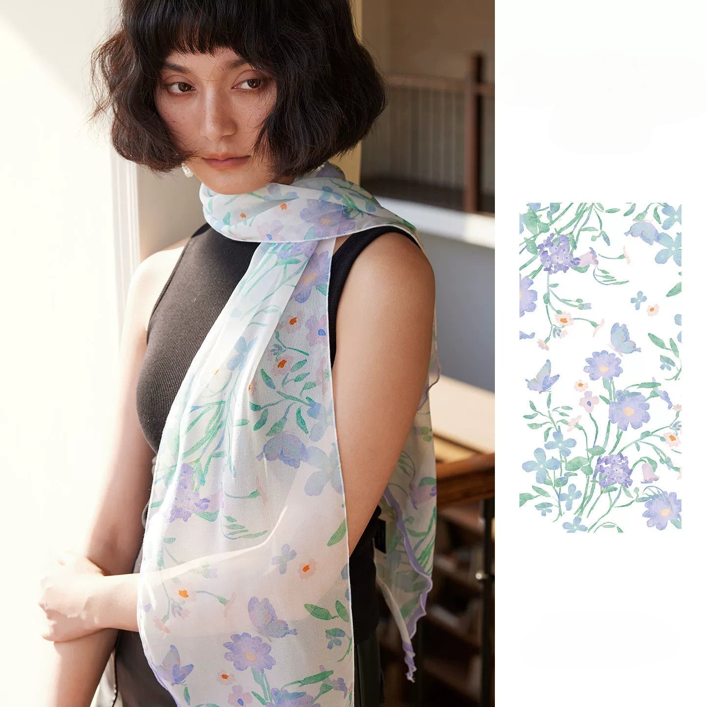 mulberry silk georgette long scarf lightweight drape floral butterfly detail close up