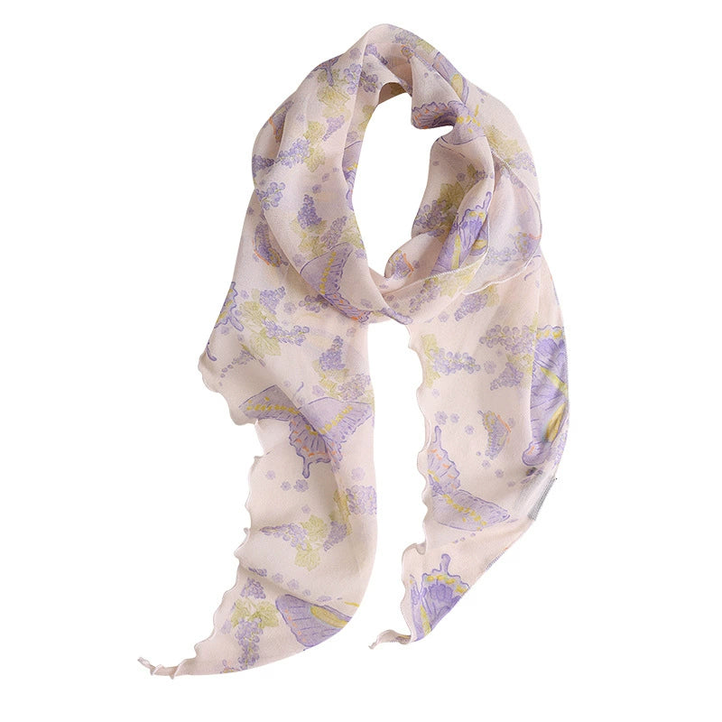 purple floral silk scarf folded display mulberry silk georgette texture detail