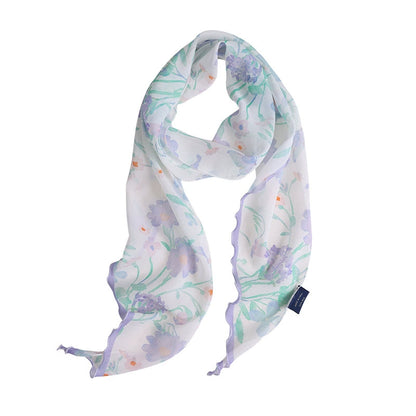 long silk scarf purple butterfly print product flat lay soft translucent fabric
