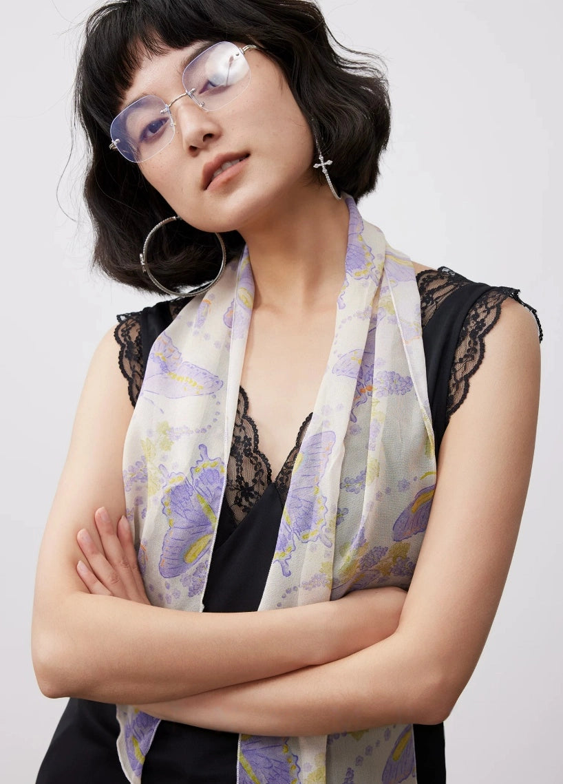 purple floral silk scarf elegant drape front view soft feminine styling