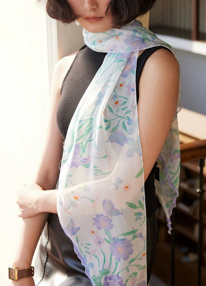 mulberry silk georgette scarf shoulder drape floral print soft romantic feel